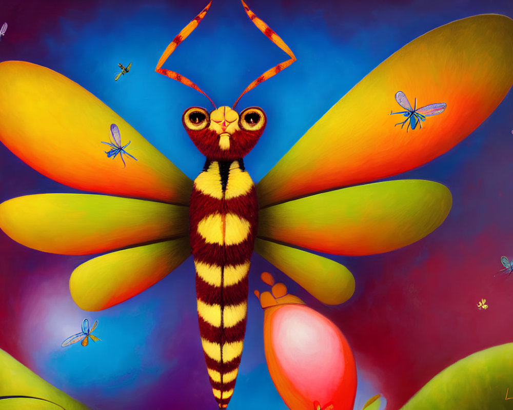 Vibrant oversized dragonfly illustration with colorful insects on blue background