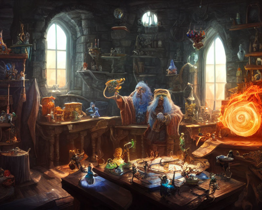 Detailed fantasy artwork: wizard in stone chamber with magical artifacts, potions, and swirling orange portal