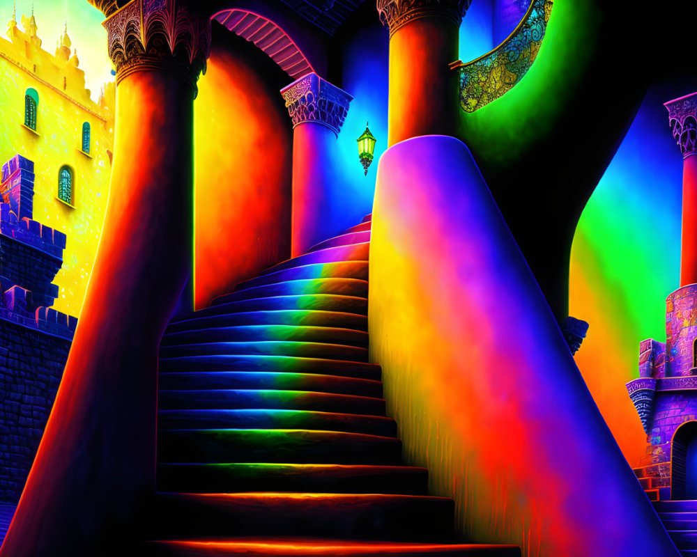 Colorful digital artwork of rainbow-lit fantasy scene with stairs, arches, and castles