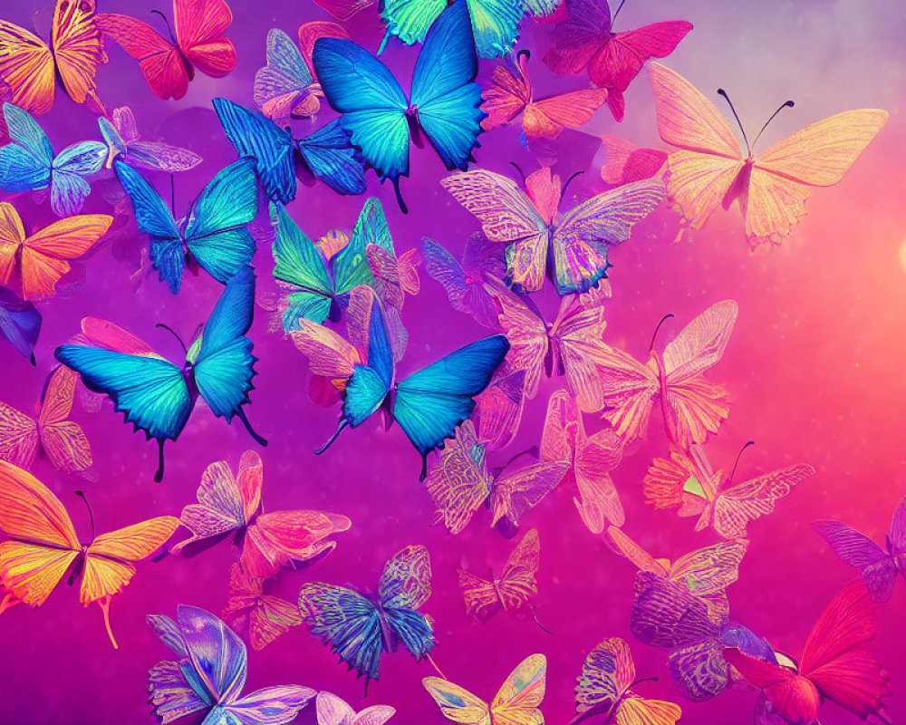 Multicolored butterflies in flight against purple and pink sky