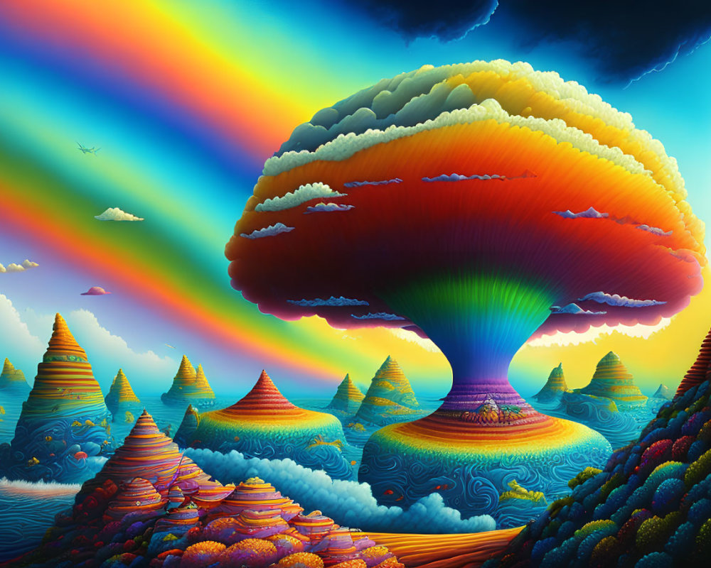 Colorful surreal landscape with large mushroom-shaped structure