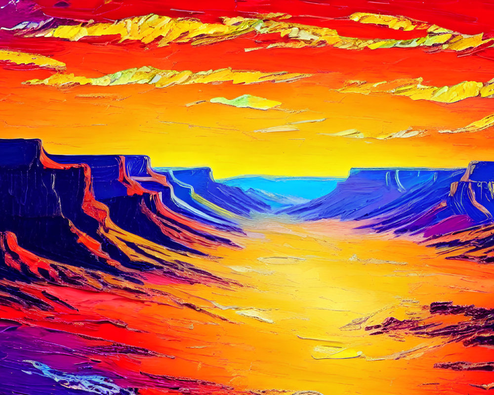 Vivid Impressionistic Canyon Painting with Fiery Sunset Sky