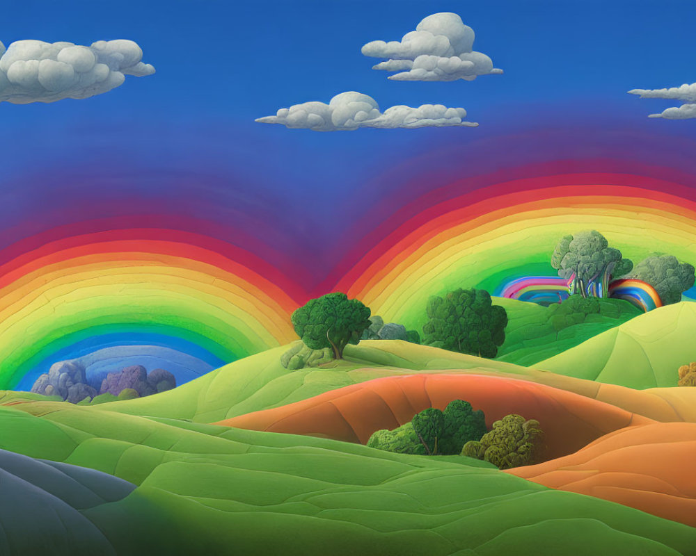 Colorful landscape with rolling hills, rainbow, clouds, and trees