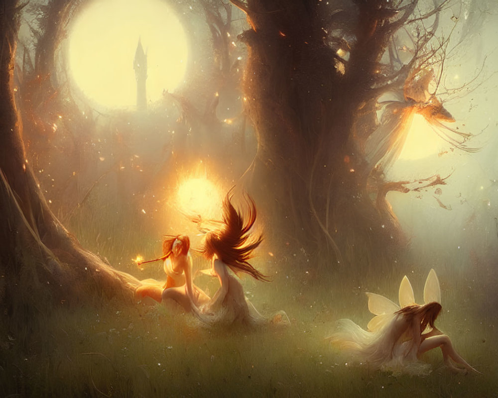 Enchanted forest scene with fairies, glowing orb, ancient trees.