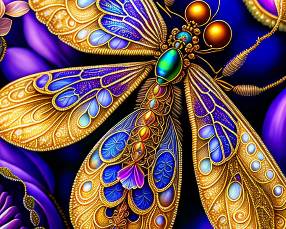 Colorful digital artwork of a blue and gold butterfly with intricate patterns.