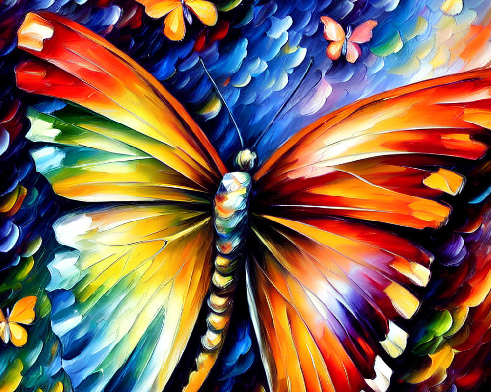 Colorful oil-painted butterfly surrounded by smaller butterflies and abstract florals