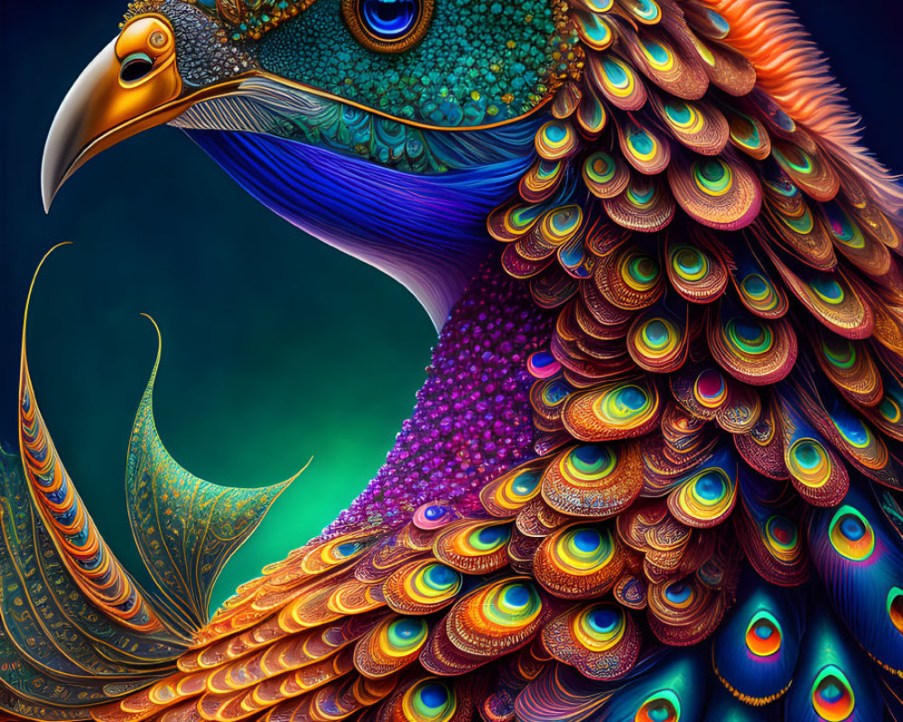 Detailed digital artwork: Vibrant peacock with iridescent feathers