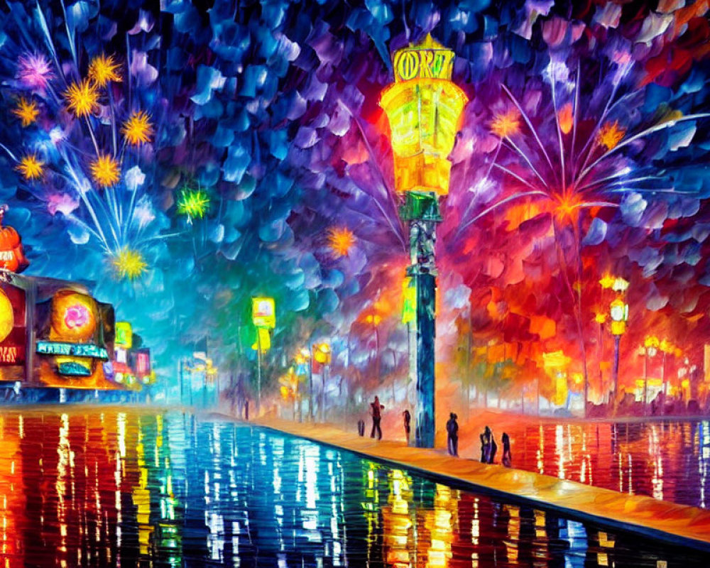 Colorful Night Street Scene with Fireworks and Illuminated Signs