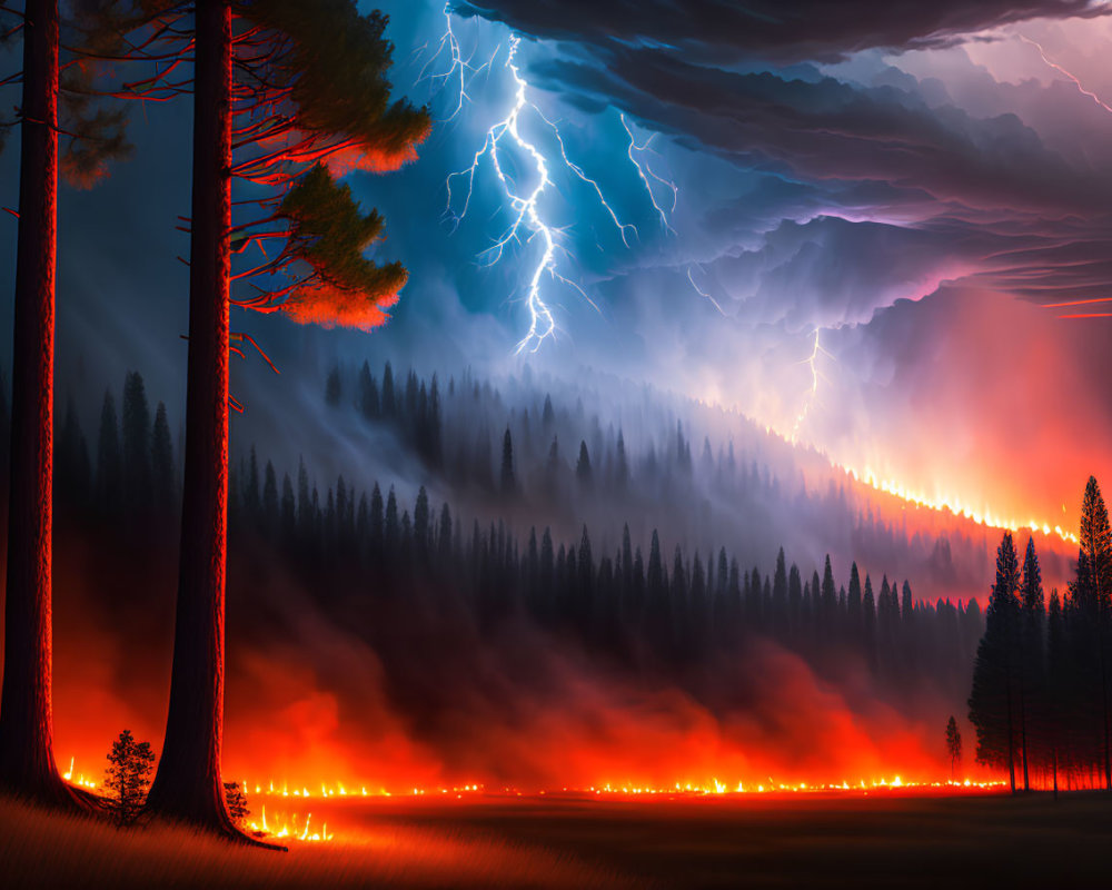 Wildfire near forest edge under stormy sky with lightning strikes.