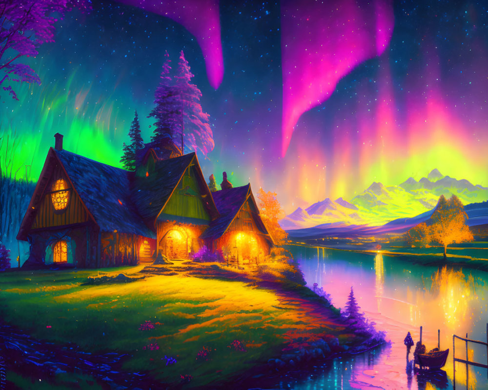 Colorful fantasy landscape with aurora sky, mountains, lake, cottage, trees, and boat.