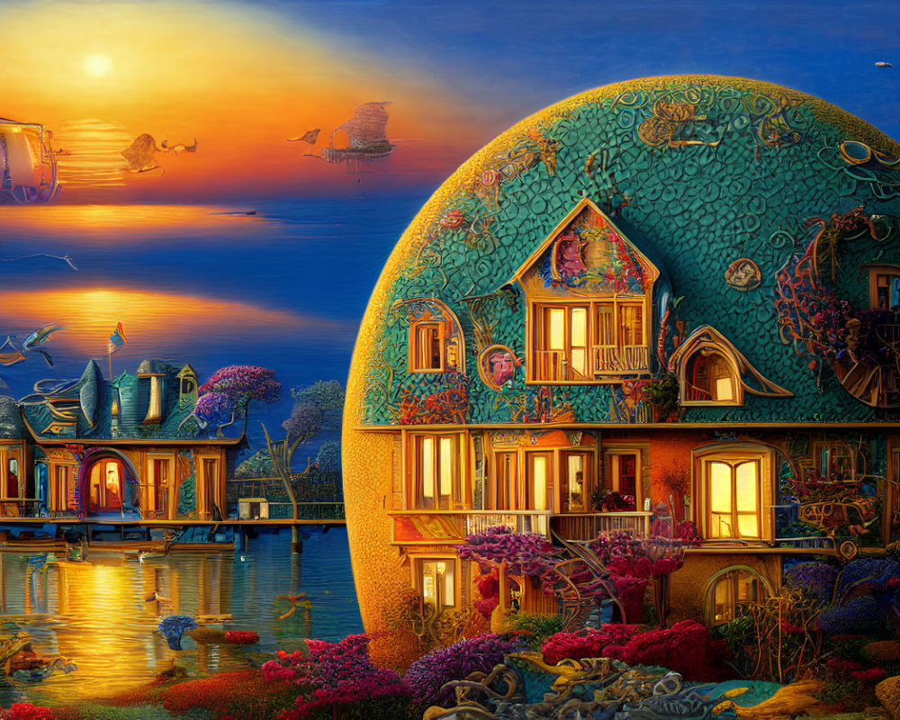 Fantastical underwater dome with intricate details and marine life at sunset