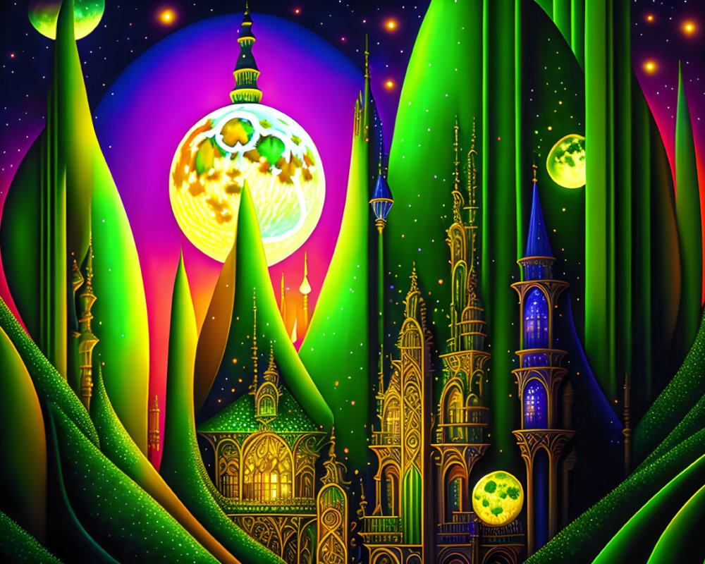 Luminous fantasy landscape with green hills and glowing castle