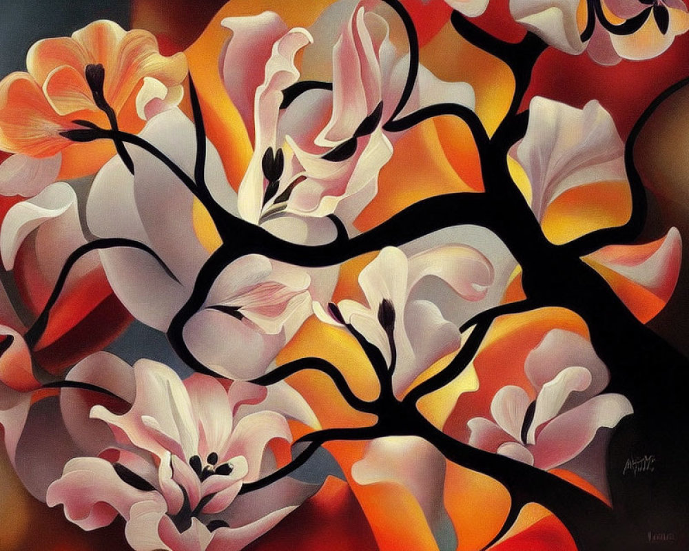 Vibrant orange and pink flowers with dark branches on multi-toned background