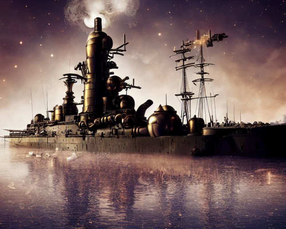 Vintage battleship sailing under starry sky with surreal warm glow