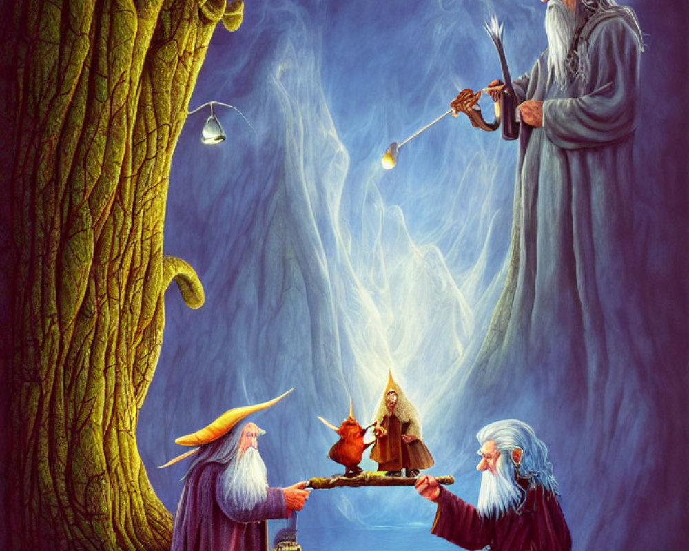 Three Wizards with Staffs in Mystical Forest Scene