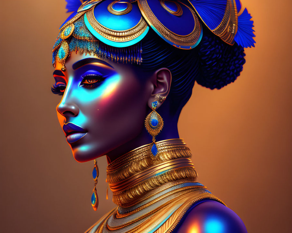 Digital artwork: Woman with metallic blue skin in Egyptian-style attire