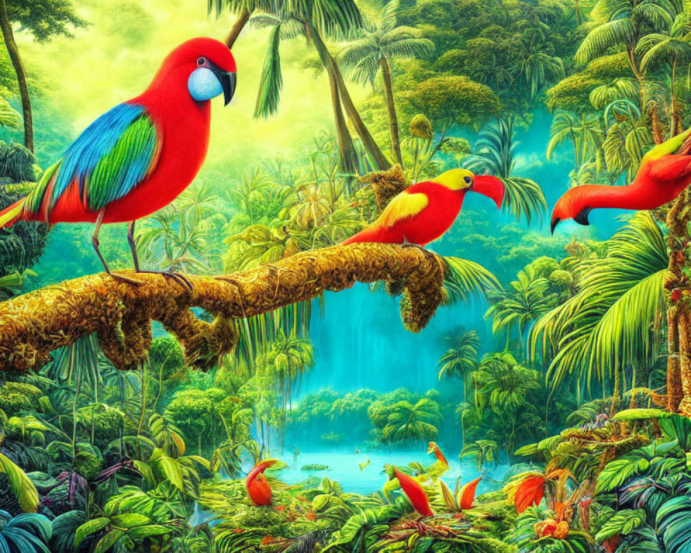 Colorful Parrots in Lush Jungle Scene with Waterfall