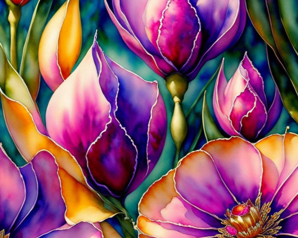 Colorful Watercolor Painting of Tulips in Purple and Pink Hues