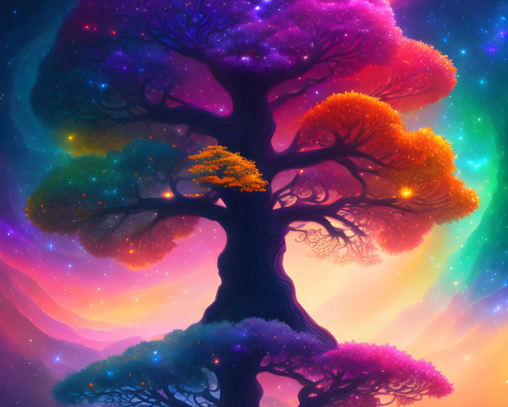 Colorful digital artwork: Fantastical tree with neon leaves on cosmic backdrop