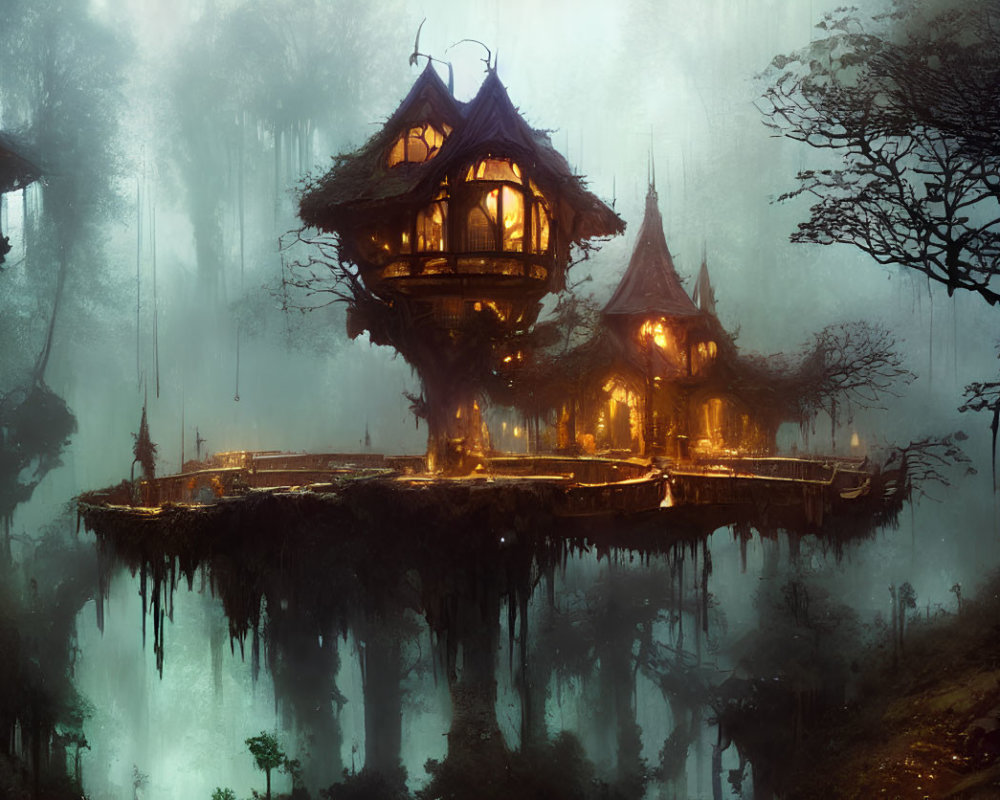 Mystical Treehouses on Floating Island in Foggy Forest