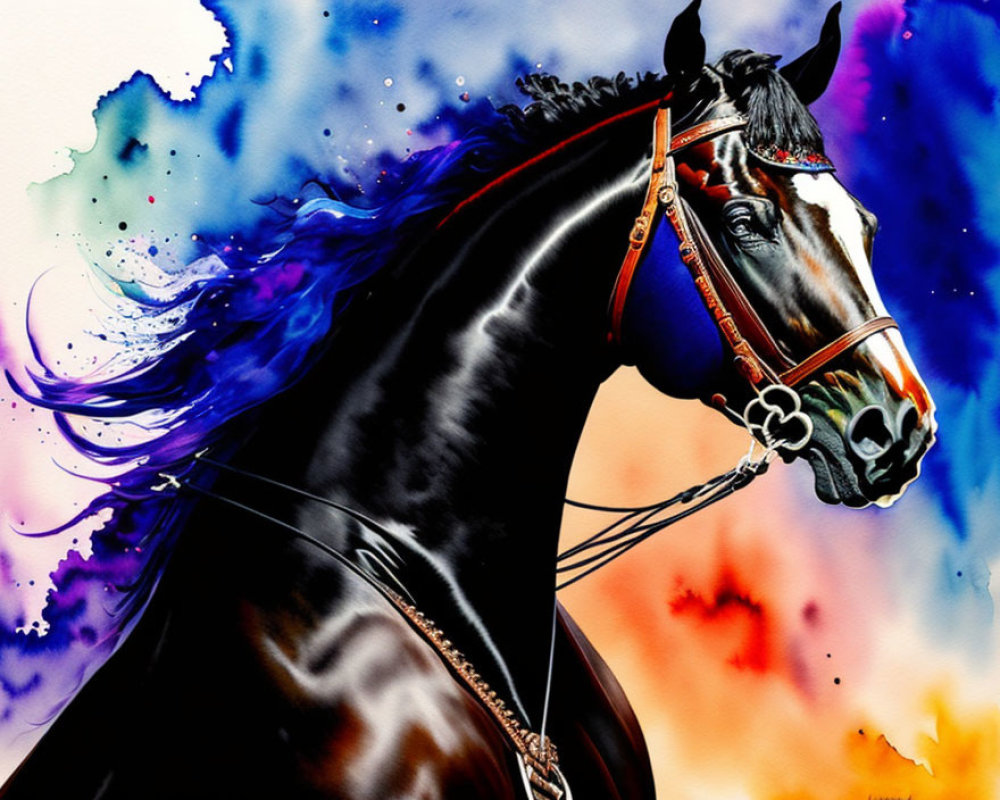 Detailed black horse with harness on multicolored watercolor background