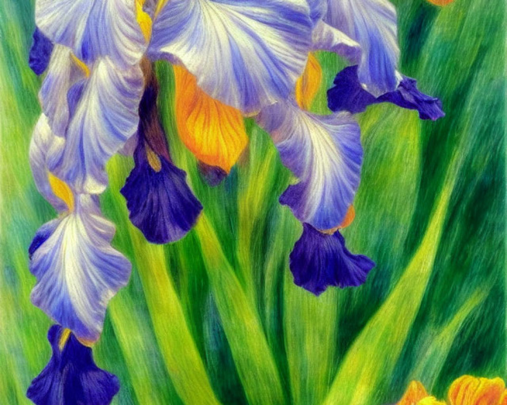 Detailed Purple and Yellow Irises Painting with Green Foliage