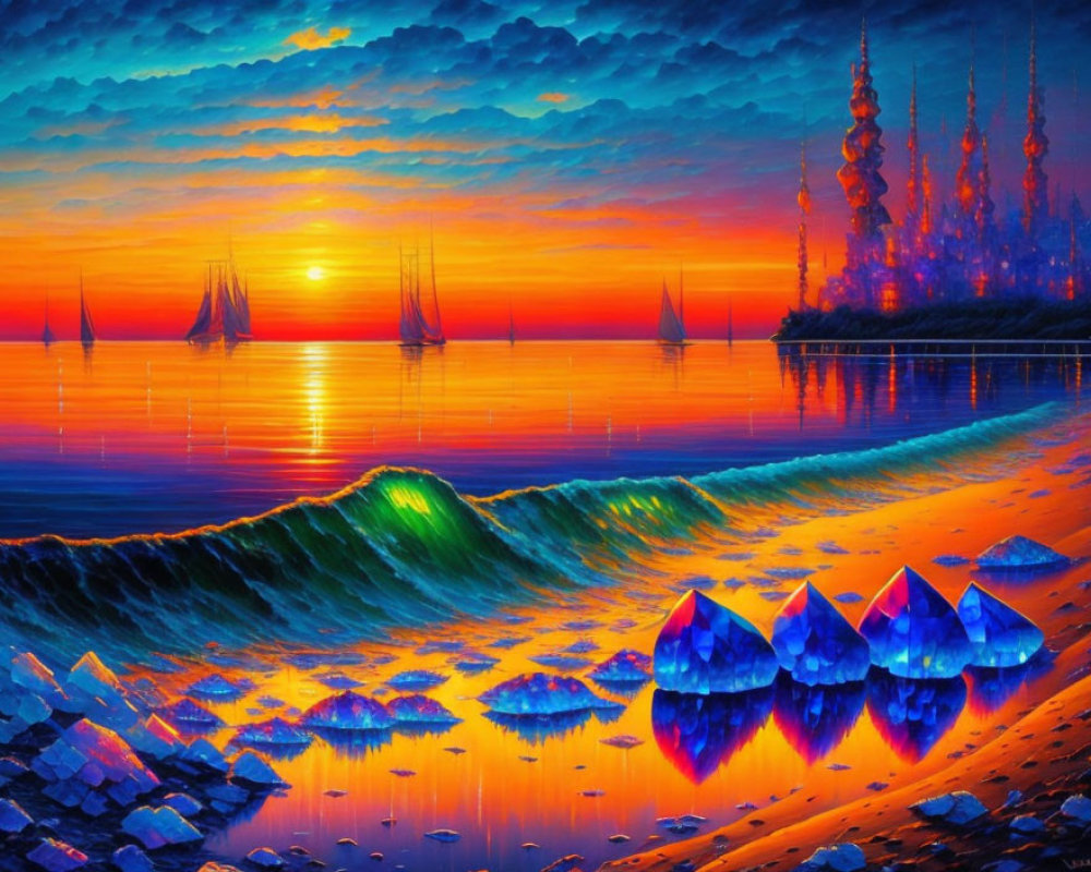 Colorful sunset painting featuring sailboats, city skyline, ocean wave, and blue crystals