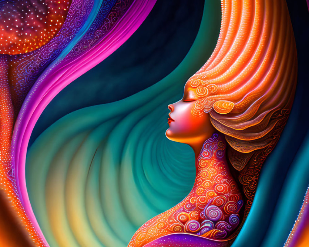 Colorful Digital Artwork: Woman's Profile with Flowing Hair and Swirling Patterns