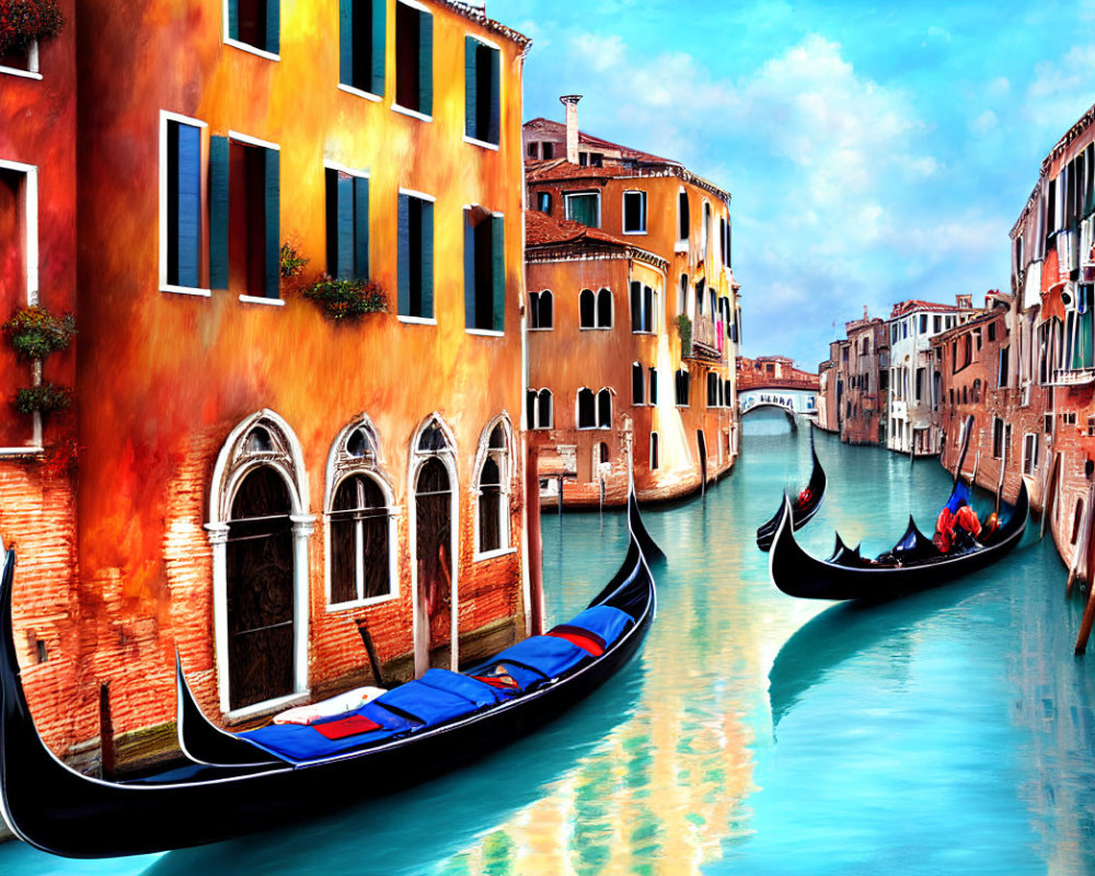 Venice Canal Scene with Gondolas and Colorful Buildings