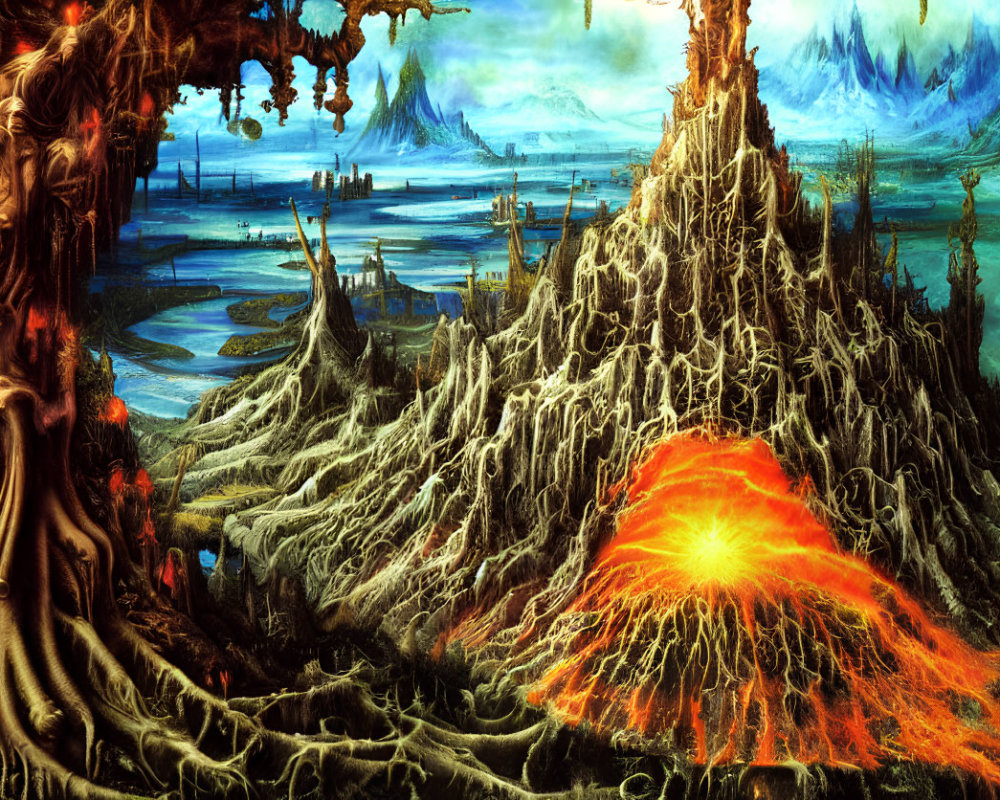 Fantastical landscape with fiery volcano and surreal terrain