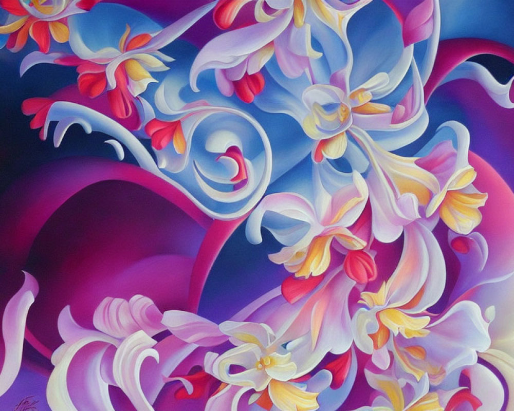 Colorful Abstract Painting: Swirls and Floral Patterns in Blue, Purple, Pink, Yellow