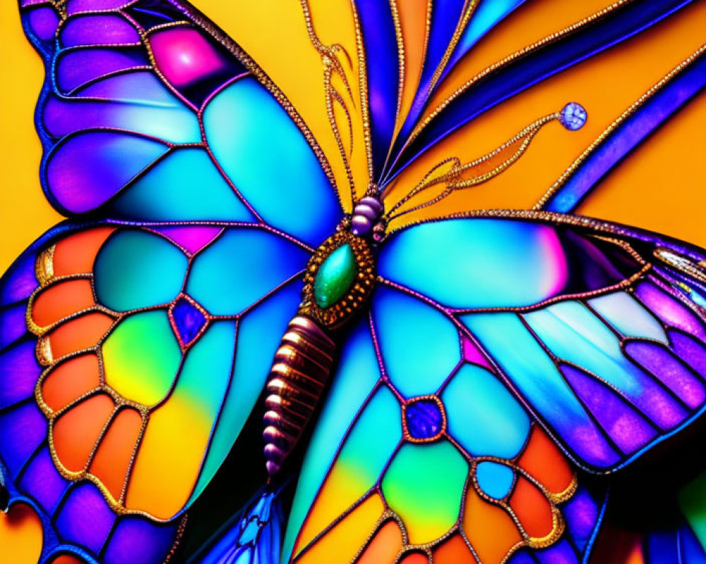 Colorful Butterfly with Iridescent Wings on Yellow Background