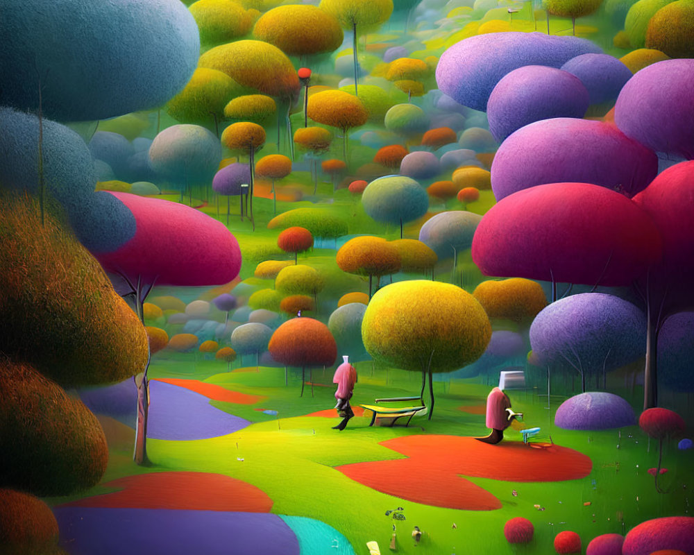 Colorful landscape with tree-like structures and figures in vibrant setting