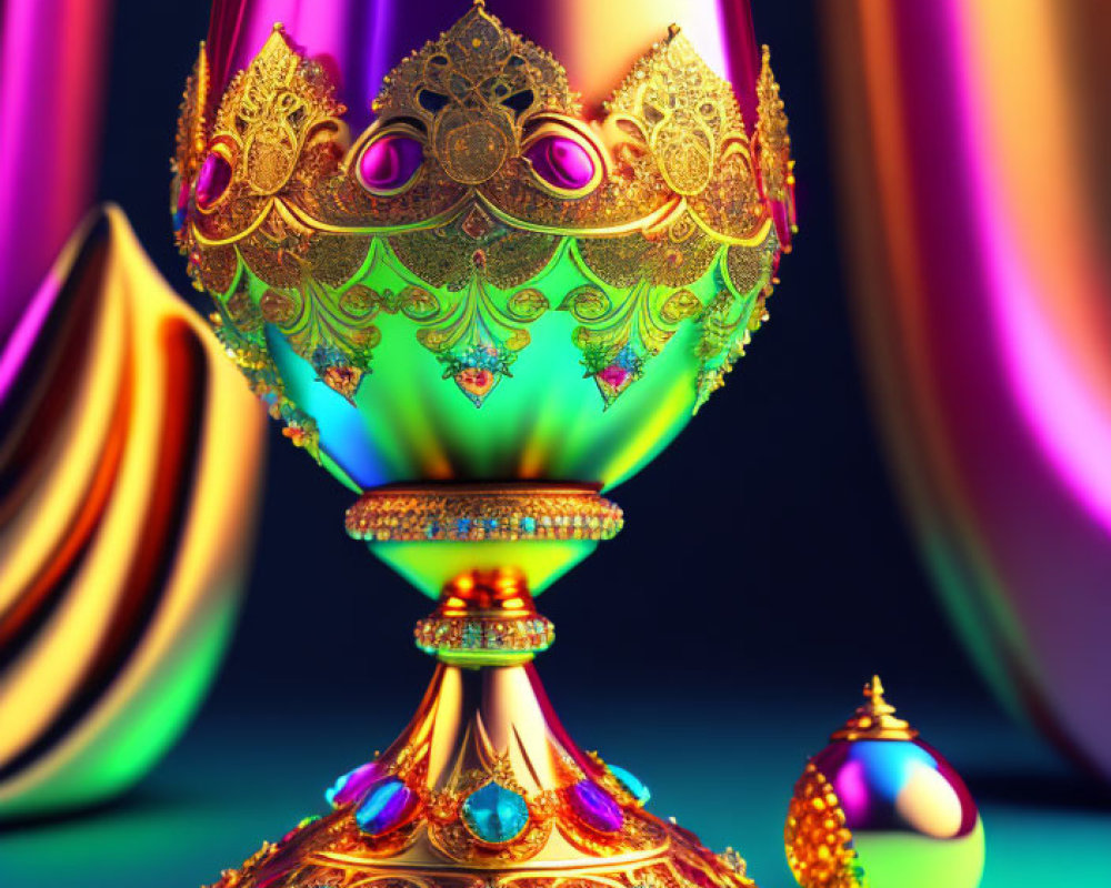 Ornate Golden Chalice with Jewel Embellishments and Colorful Drapes