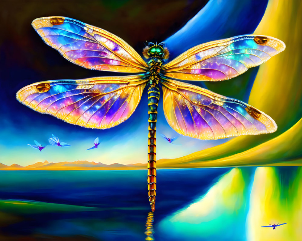 Colorful Dragonfly Art with Iridescent Wings and Surreal Landscape