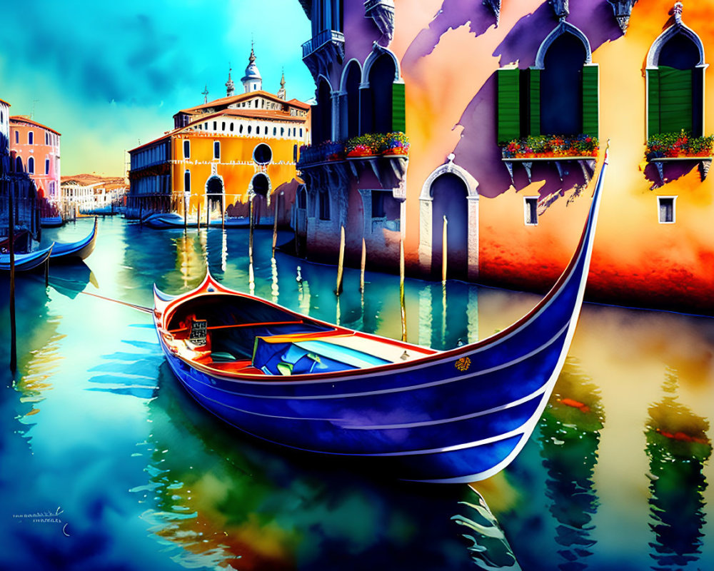 Colorful painting of blue gondola on Venice canal