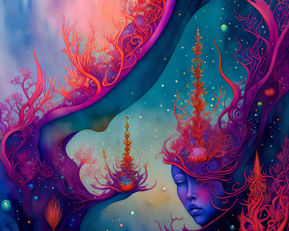 Colorful surreal artwork: tree-like woman, birds, cosmic backdrop