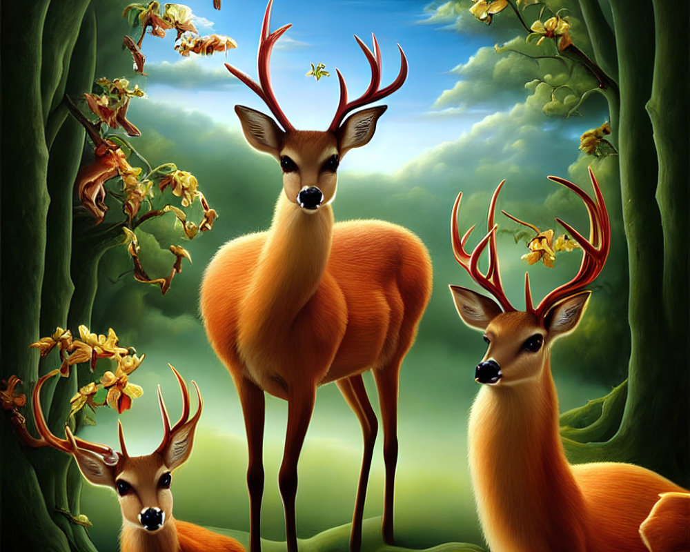 Illustration of Four Deer with Tree Branch-Like Antlers in Lush Forest