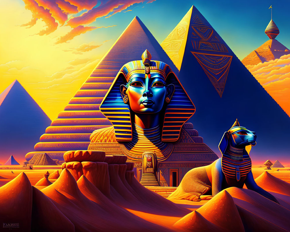 Ancient Egypt illustration: Great Sphinx, pyramids, pharaoh statue, colorful desert landscape