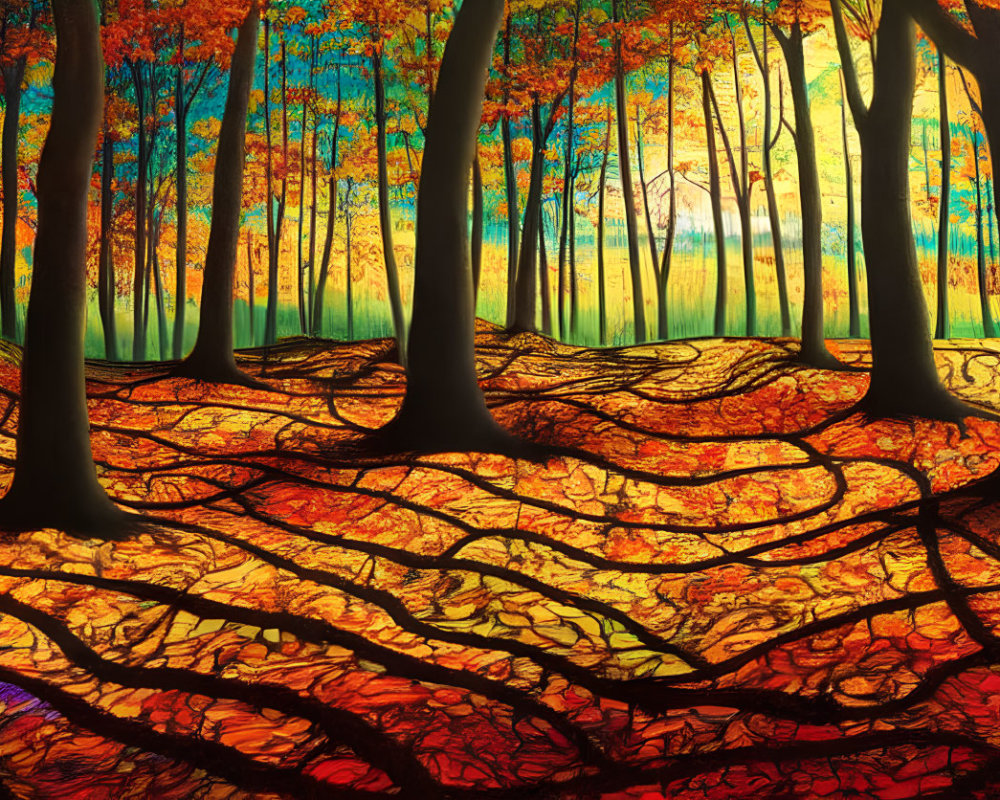 Colorful Autumn Forest in Stained-Glass Style