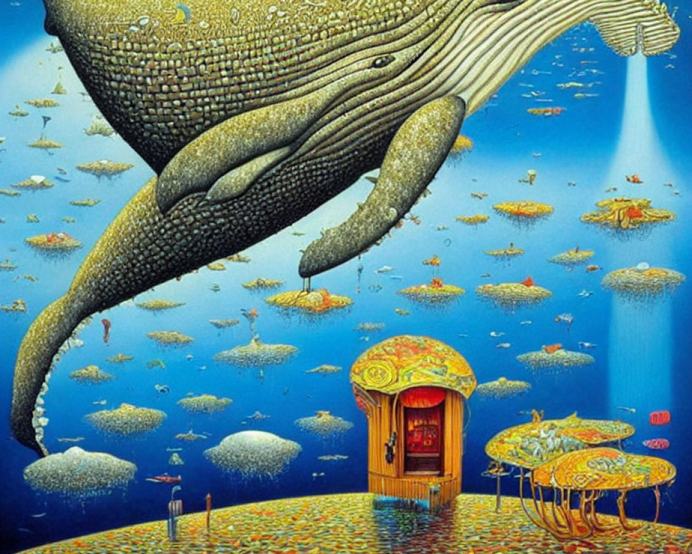 Surreal painting of giant flying whale above floating islands and whimsical hut