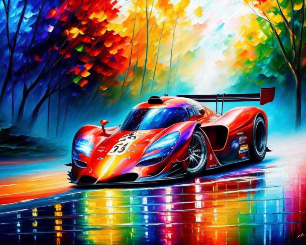 Colorful painting of red race car with number 33 on wet road, surrounded by autumn trees