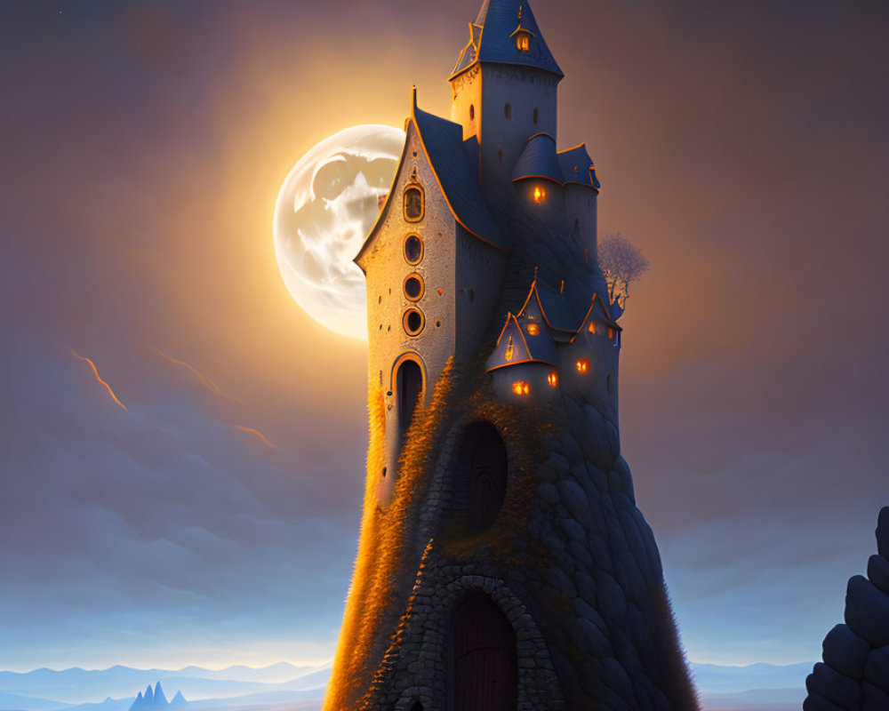 Fantasy tower on hill under starry sky with crescent moon