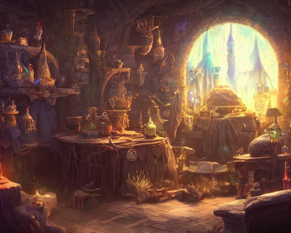 Magical wizard's workshop with potions, books, and artifacts in warm sunlight