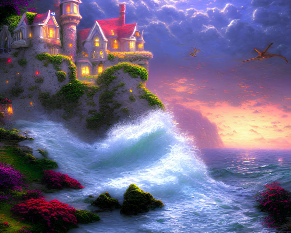 Cliffside castle at twilight with crashing waves, lush greenery, and vibrant flowers