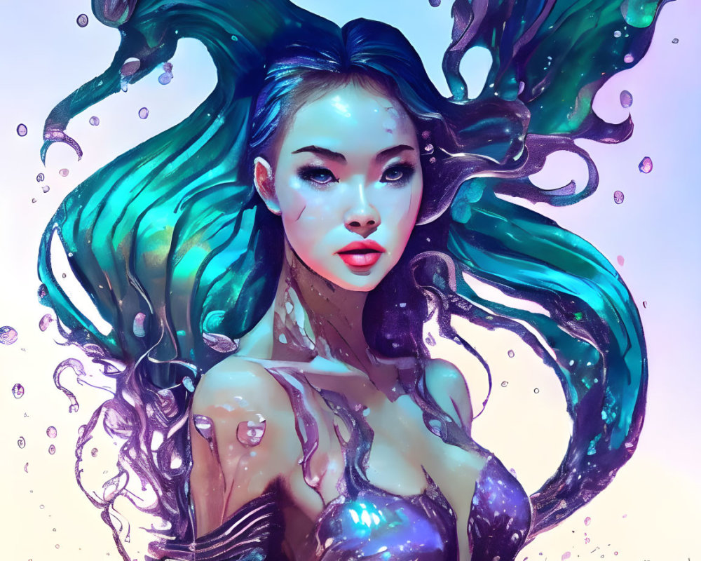 Woman with Vibrant Blue Hair and Aquatic Features in Illustration