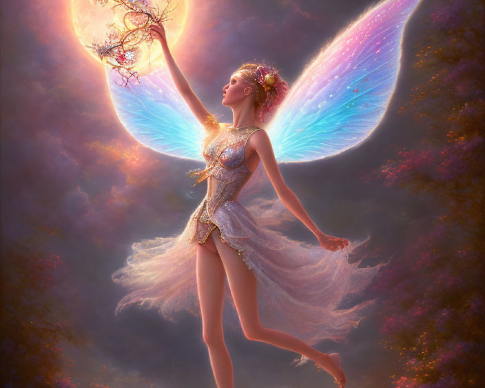 Iridescent-winged fairy with glowing orb in twilight forest