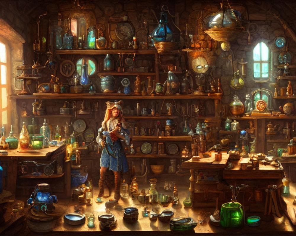 Medieval woman in alchemist's lab with potions and books