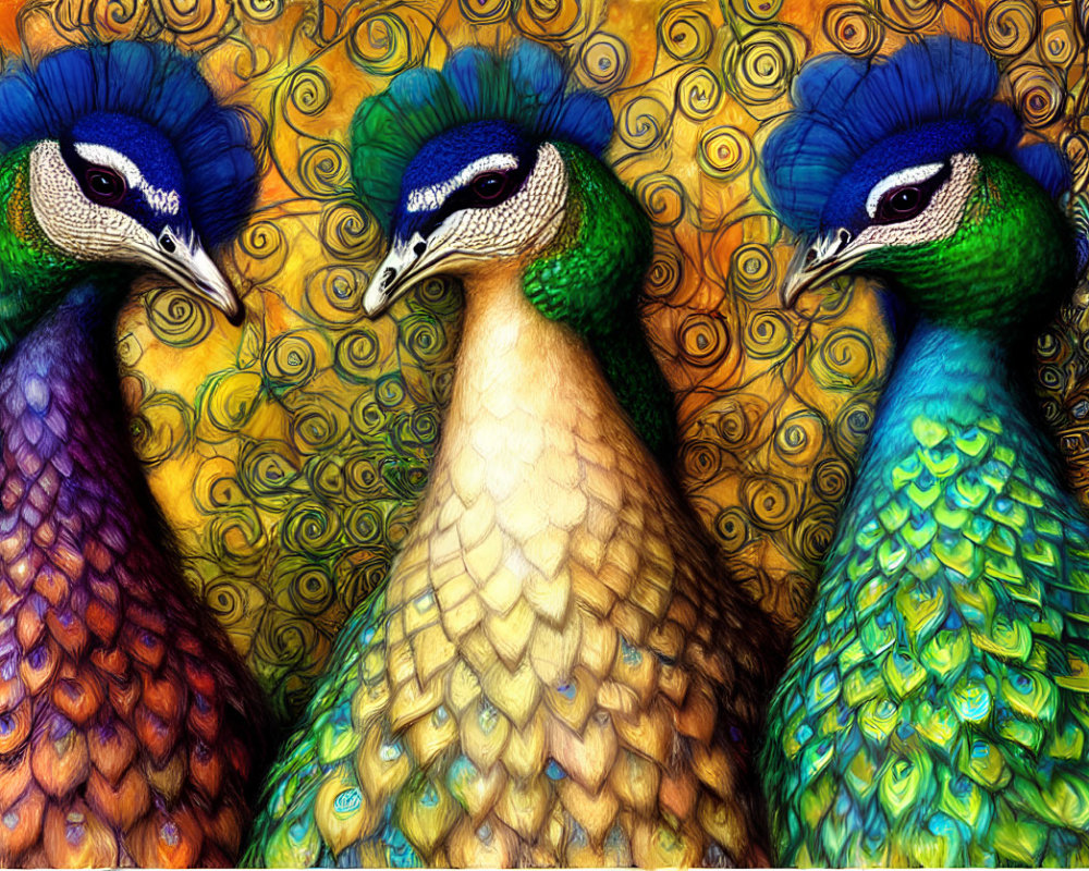 Colorful Stylized Peacocks on Ornate Background