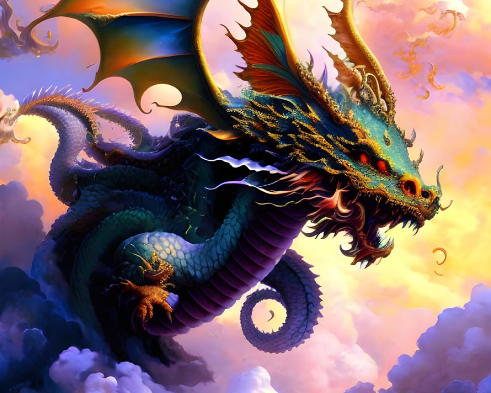 Majestic dragon flying in vibrant sky with glistening scales